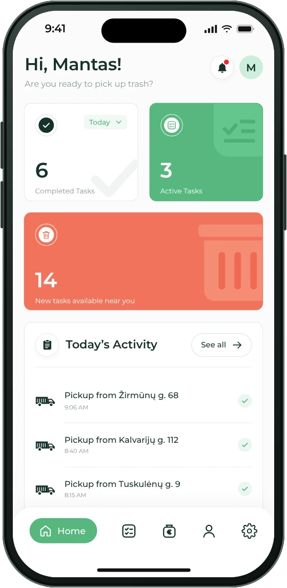 EasyLetGo Picker app: home screen with completed tasks, active tasks and today’s activity