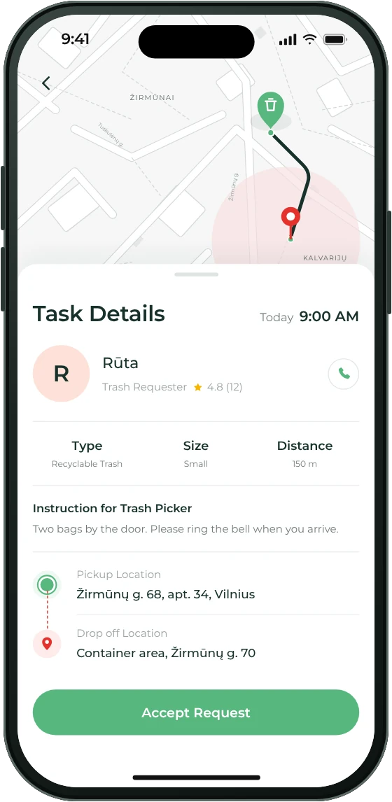 EasyLetGo Picker app: task details with the route on a map and an Accept Request button
