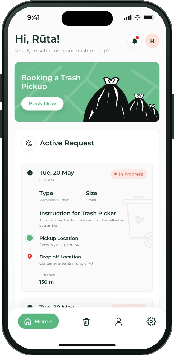 EasyLetGo Requestor app: home screen with a Book Now button and an active pickup request