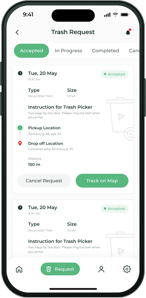 EasyLetGo Requestor app: accepted pickup requests with Cancel Request and Track on Map buttons